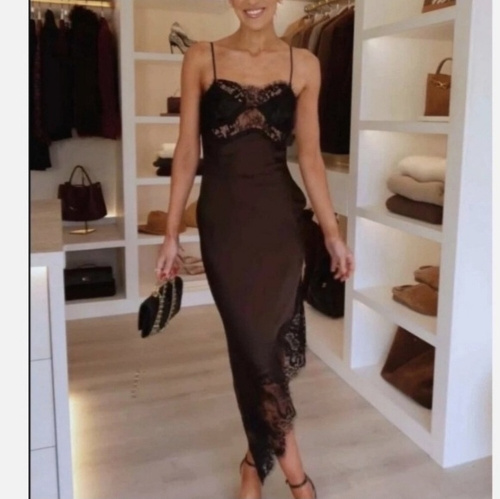 Zara ASYMMETRIC SATIN LACE DRESS Brown Black Size XS S NWT - Picture 5 of 16